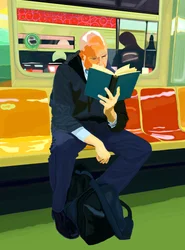 青い本、ハゲ男、F列車、2019年（iPadでアップルペンシルを使って手描きしたもの）