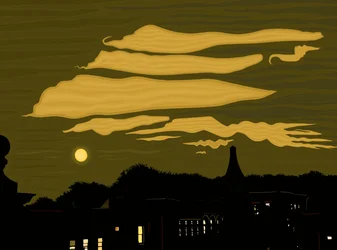 屋上からの雲、月、公園（デジタルアート）