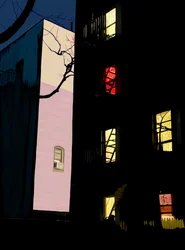 夜のブルックリン、アパートのカラフルな窓（デジタルアート）