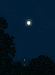 夜の切妻と月のある家、木々の影