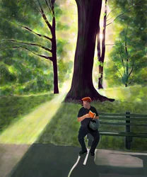 公園で読書をする男、ブルックリン（デジタルアート）