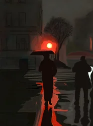 夜の雨の中を歩く男（デジタルアート）