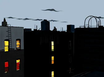 夏の夜の屋上とビル群（デジタルアート）