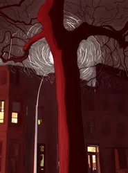 サイレンと街灯に照らされた夜の街路樹（デジタルアート）