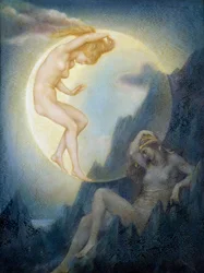 シンボリズム：「眠っている大地と目覚める月」 イヴリン・デ・モーガン（1855-1919）の絵画（プレ・ラファエライト） 貴重なコレクション