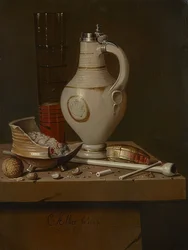 喫煙器具とビールジョッキのある静物。 1664