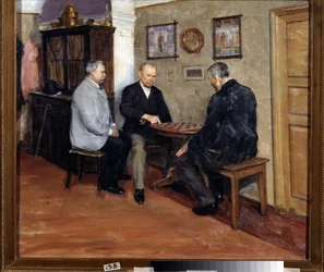 ドラフトの選手。 Evgeni Iosifovich Bukovetsky (1866-1948) による絵画。 キャンバスに油彩、71 x 80 cm