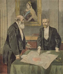 1899年4月9日、ルプティジャーナルのフランス大使、イギリスの首相であるポールカンボン（1843-1924）とソールズベリー卿（1830-1904）がロンドンで署名した英仏条約（色付きen
