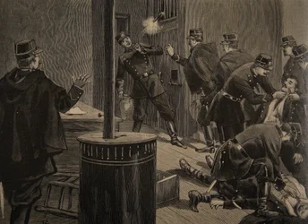 アナキストが火格子から撃つエティバント、「Le Petit Journal：Supplement illustre」のイラスト、1898年1月30日
