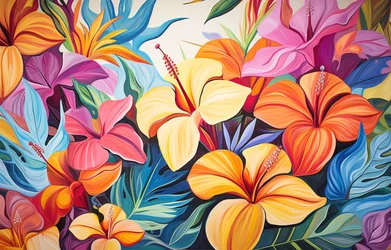 色鮮やかなハイビスカスの花束、花の絵、アートプリント