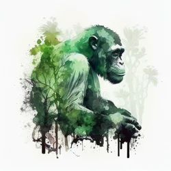 ジャングルモンキー、チンパンジー、二重露光水彩画、アートプリント
