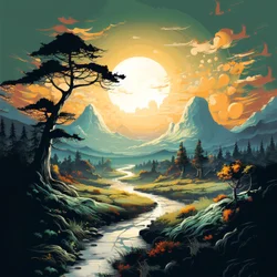 山川風景日の出、キャンバス＆ウォールアートプリントオンライン