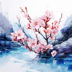 超現実的な水彩画 日本の桜の花、壁 アートプリント