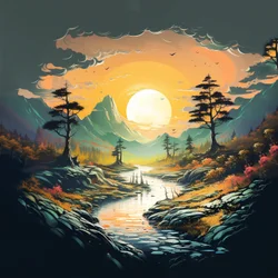 ファンタジー 山 日没 風景 自然 デジタルドローイング , 壁掛けアート|キャンバスプリント