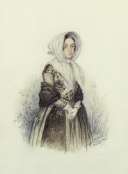 白い手袋をしたボンネットの若い女性の肖像、1840年（トイレと紙に鉛筆）