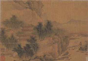 橋を渡る男のある風景。