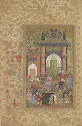 バブールは、Zahir-al-Din Muhammad Babur、c.1580-85（紙、インク、紙の上の金）によってババーナマ（ツズク-イバブリ）の分散コピーから廷臣、分離したフォリオを受け取ります