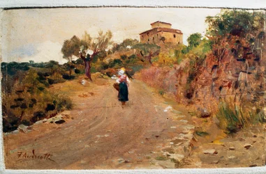 路上の農夫、約1900年、フェデリコ・アンドレオッティ（1847-1930）作、ボードに油彩、9x15cm、イタリア