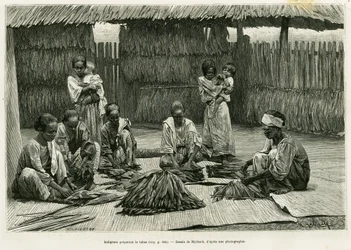 タバコを作る先住民たち。アルフレッド・マルシェ（1844-1898）の「Lucon and Palaouan, six years in the Philippines」（エドゥアール・シャルトン（1807-1890）監督の「le tour du monde 1886」に収録）を説明するためにミルバッハが描いたエングレーヴィング。