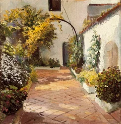 Patio de monjas (修道院の中庭)。 スペインのハエン県マルモレホで制作された絵画。 20 世紀前半の Felipe Abarzuza (1871-1948) によるキャンバスに油彩。 カディス州立博物館 (カディス)。