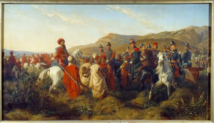 アルジェリアのコンケテ（1830年〜1847年）。1840年のアルジェリア遠征のエピソード - 初代国王ルイ・フィリップ（Louis-Philippe）の息子であるオルレアン公フェルディナン・フィリップ（Ferdinand-Philippe）（1810-1842）が、Blのキャンプの近くで2人のアラブ人捕虜に自由を与える。