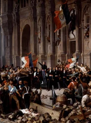 1848年革命: アルフォンス・ド・ラマルティーヌ（1790 - 1869）が市庁舎で赤旗を拒み、三色旗を選ぶ。パリ、1848年2月26日。アンリ・フェリックス・フィリポトー（1815 - 1884）の絵画の部分、パリ、プティ・パレ美術館 - 1848年革命