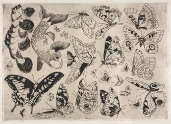 ディナーサービスルソーサービス：蝶と魚1866年。