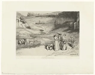 若い女性は丘陵の風景の中で羊飼いにお金を与える Les demoiselles du villages (オブジェクトのタイトル)