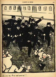 警察の旅団が1902年3月1日の「L&39;Assiette au Beurre」の特別版「Crimes and Punishments」（カラーリソ）からデモ隊のグループを起訴する