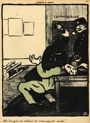 1902年3月1日、「L&39;Assiette au Beurre」の特別版「Crimes and Punishments」から、警察官が警察署で男をボトルで殴る