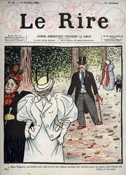 新聞「” Le Rire”」の表紙、1895年10月10日、n°50：帝国の下で、女性と話をせずに10分間も女性を追いかけていた男性は、上品でした。私の娘です！ 「」Felix Vallottonによるドローイング
