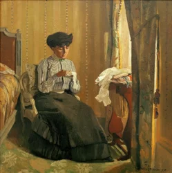 窓の近くを縫う若い女性