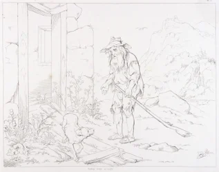 (リップ・ヴァン・ウィンクル、挿絵）荒れ果てた家に戻るリップ