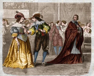 ローマの連載。アレクサンドル・デュマ(1802-1870)の「三銃士」。国王ルイ13世（1601-1643）は、リシュリュー枢機卿（1585-1642）の監視のもと、2匹のダイヤモンド・フェレットを妻であるオーストリア王妃アンヌ（1601-1666）に渡した。第10章のイラスト
