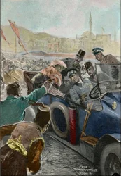 サラエボでのフランツ・フェルディナンド（1863-1914）オーストリア大公とその妻ソフィーの暗殺事件（彫刻）。