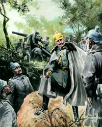 第一次世界大戦：「砲兵配置を見学する皇帝ウィリアム2世（1859-1941）の肖像」プリント：フェリックス・シュヴォルムシュタット（1870-? 1915年 個人蔵