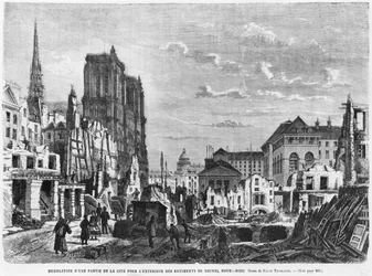 パリ、シャルルバーバン（d.1922）によって彫刻された新しいホテルデューの建物を拡張するためのシテの一部の解体