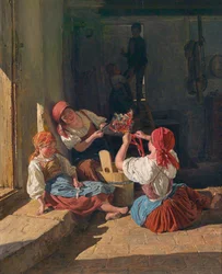 徴集兵の帽子を飾る子供たち。 Ferdinand Georg Waldmuller (1793-1865) による絵画、木に油彩