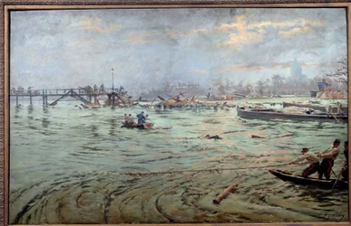 1910 年の大洪水時のパリの橋とエスタカードの堤防の眺め フェルディナンド・ジョセフ・ゲルドリー (1858-1945) による絵画 1910. パリ、カルナヴァレ美術館。 気をつけろ！ この作品の使用は、第三者の承認要求または
