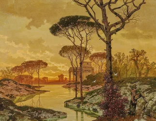 アンティークスタイルのヴィラのある海岸の夜景。 1901