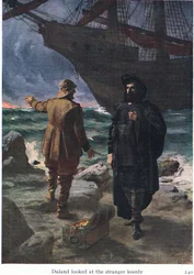 ダーランドは見知らぬ人を熱心に見ていました。TheStories of Wagners Operas pubのイラストです。 George Harrap＆Co Ltd 1932による
