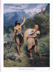 巨人たちはフレイアを追い払った、The Stories of Wagners Operas pubからのイラスト。 George Harrap＆Co Ltd 1932による