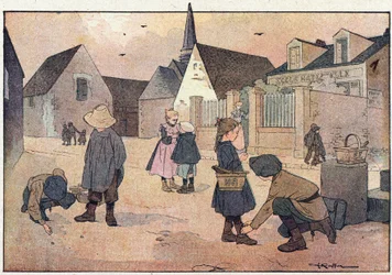 学校の外、子供の頃の絵本、1900年頃（彫刻）