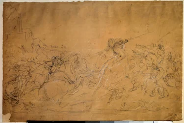 サーモン紙に描かれた戦闘シーンのドローイング ウジェーヌ・ドラクロワ（1798-1863） 19世紀 日0.30×0.45メートル パリ、ルーヴル美術館