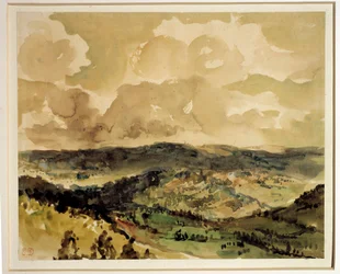 クロース周辺の森の丘のパノラマ風景 ウジェーヌ・ドラクロワ（1798-1863）による水彩画 1855年頃 日の丸0.21 x 0.26 m パリルーブル美術館