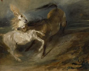 荒れ模様の風景で戦う2頭の馬、c.1828