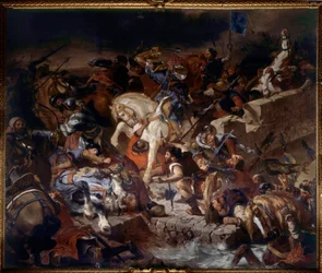 1242年7月21日にサン・ルイ王が勝利したタイユブールの戦いの様子。フランス王サン・ルイのカペー派の軍隊と、その家臣であるイングランドのヘンリー3世とリュシニャンのヒュー10世の軍隊との戦い。ウジェーヌ・ドラクロワによる絵画（17