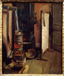 ウジェーヌ・ドラクロワ（1798-1863）のペインティング・ストーブのある工房コーナー。19世紀の太陽。0.51 x 0.44 m. パリ。ルーヴル美術館