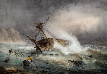 座礁したBrigantine、Ferdinand Perrotによるカラーリトグラフ