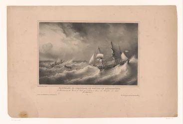 Redding van de bemanning van het schip de Repairer 1825 年の嵐の中、船ジュール ド ナントによってボルドーから船ル レパラトゥールの乗組員が救出されました。 (イル ブルボン) (オブジェクトのタイトル) Rivieren en zeeën langs by Franse kust (series tit